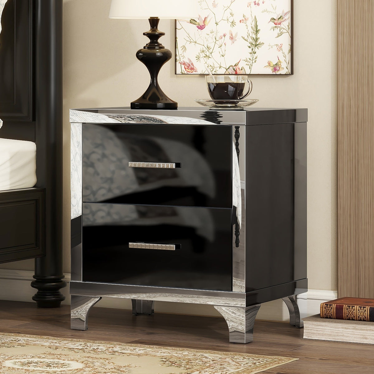 Elegant High Gloss Nightstand with Metal Handle,Mirrored Bedside Table with 2 Drawers for Bedroom,Living Room,Black - Grand Goldman Shop