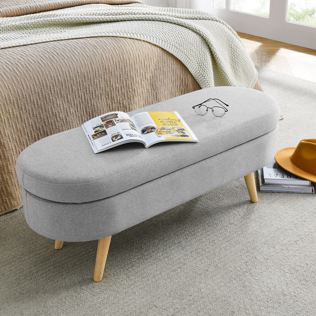 Ottoman Oval Storage Bench with Rubber Wood Legs, Grey Linen, 43.5'x16'x16' - Grand Goldman Shop