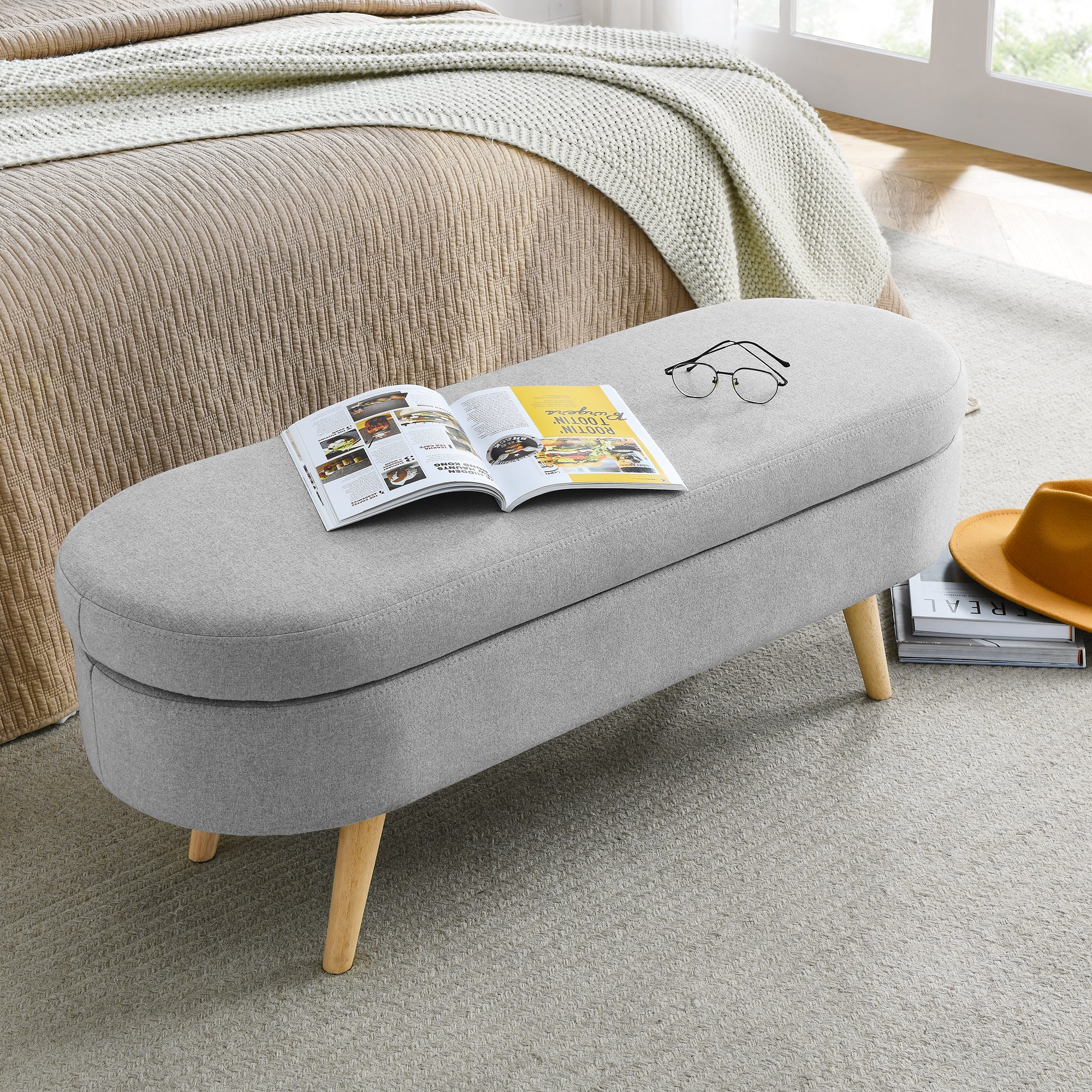 Ottoman Oval Storage Bench with Rubber Wood Legs, Grey Linen, 43.5'x16'x16' - Grand Goldman Shop