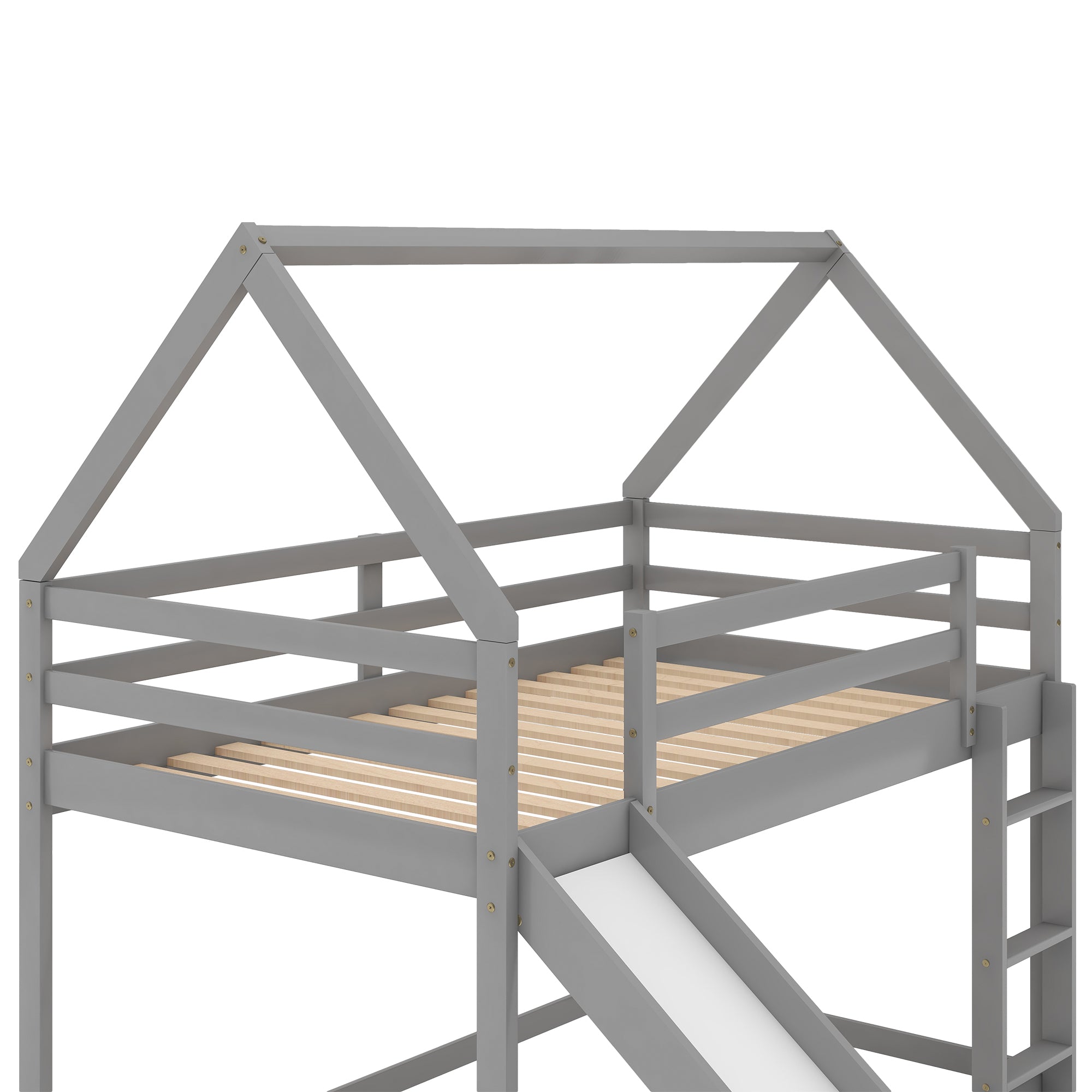 Gray House-Shape Twin Over Twin Bunk Bed with Slide and Ladder, Pine Wood and MDF, 77.4''L x 41.7''W x 70.9''H - Grand Goldman Shop