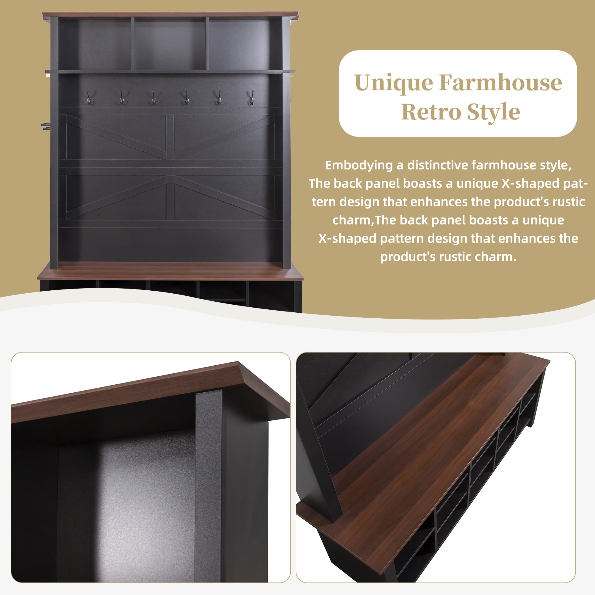 Farmhouse 4-in-1 Hall Tree with 6 Hooks, Practical Walnut Entryway Bench with Adjustable Shelves,  Wooden Shoe Organizer with 16 Compartments for Mudroom, Living Room, Black (OLD SKU: N721S000064B-1) - Grand Goldman Shop