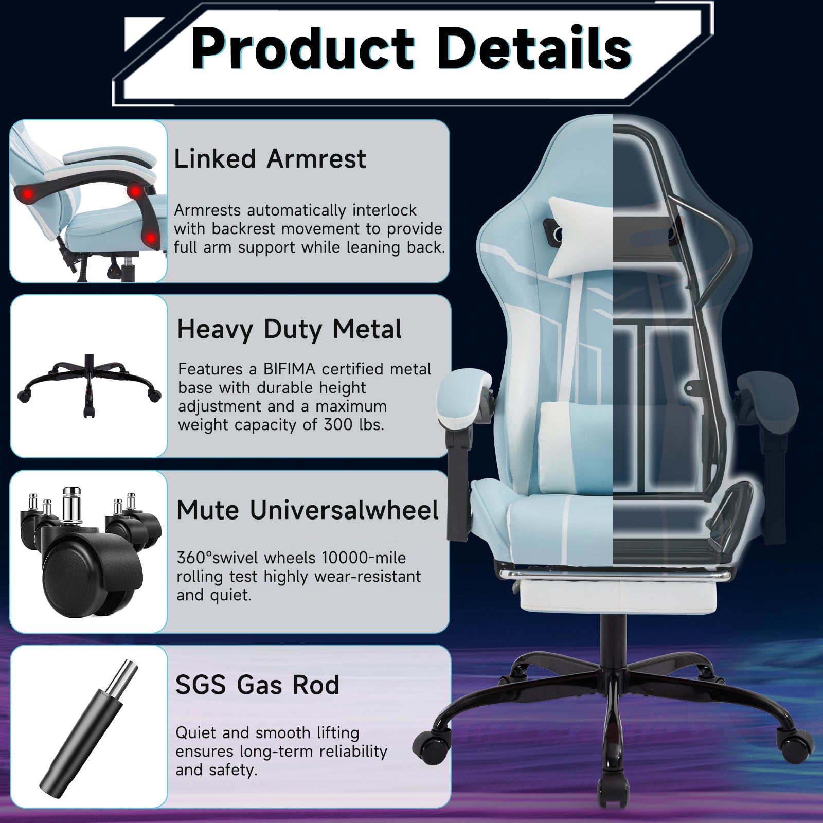 Gaming chair, Computer Chair Ergonomic Chair with Footrest Office Chair Ergonomic Computer Chair with Lumbar Backrest Bluewhi