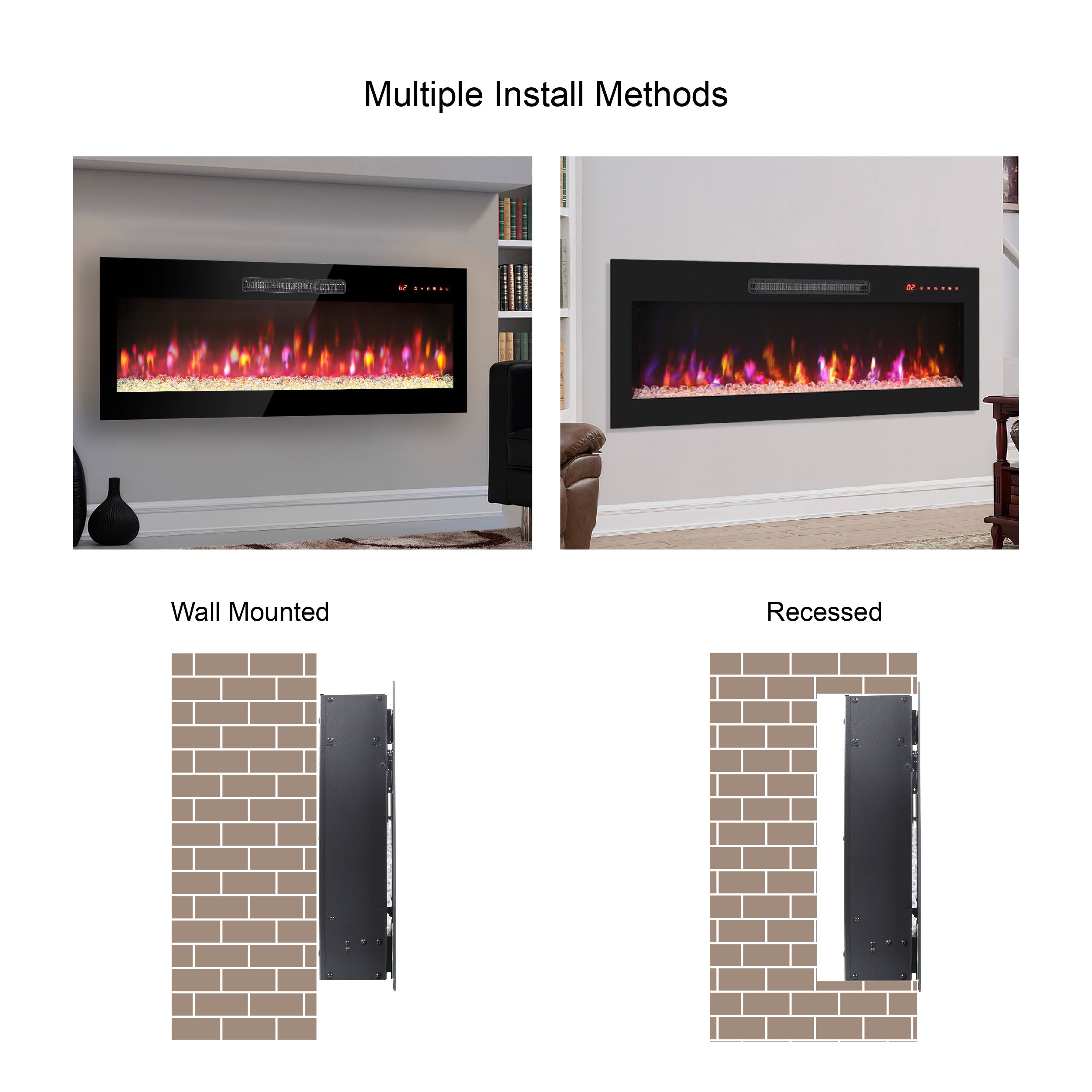 60 inch recessed ultra thin tempered glass front wall mounted electric fireplace with remote and multi color flame & emberbed, LED light heater - Grand Goldman Shop