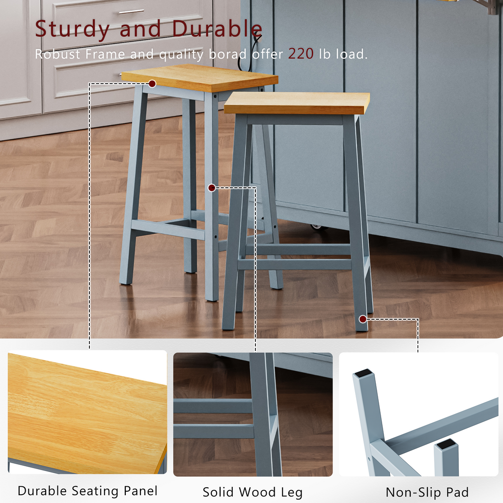 K&K 53inch Large Kitchen Island with 2 Bar Stools,Power Outlet,Door Internal Storage Rack,Kitchen Storage Cart on 5 Wheels with Drop Leaf,5 Open Side Racks,3 Drawers,Grey Blue (Three Packages) - Grand Goldman Shop