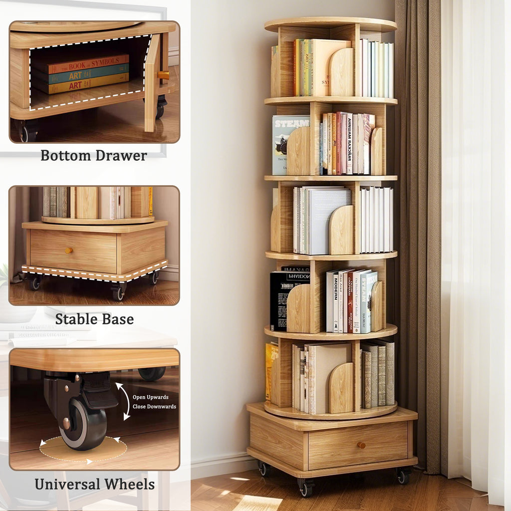 6 Tier Rotating Bookshelf, 360° Display Round Spinning Bookshelf with Wheels and Drawer, Space-Saving, Small Space Rotating Bookshelf Tower for Bedroom, Living Room, Home, Office, Wood Color - Grand Goldman Shop