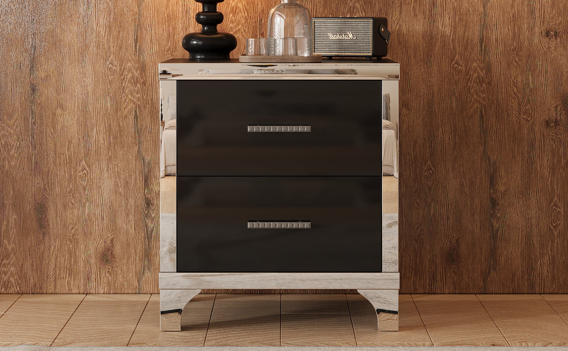 Elegant High Gloss Nightstand with Metal Handle,Mirrored Bedside Table with 2 Drawers for Bedroom,Living Room,Black - Grand Goldman Shop