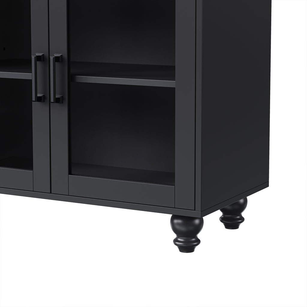 Farmhouse TV Stand with Solid Wood Gourd-Shaped Legs for TVs Up to 70', Entertainment Center with Bookshelves & Tempered Glass Doors, Media Console with Adjustable Shelves, Living Room, Black - Grand Goldman Shop