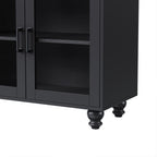 Farmhouse TV Stand with Solid Wood Gourd-Shaped Legs for TVs Up to 70', Entertainment Center with Bookshelves & Tempered Glass Doors, Media Console with Adjustable Shelves, Living Room, Black - Grand Goldman Shop