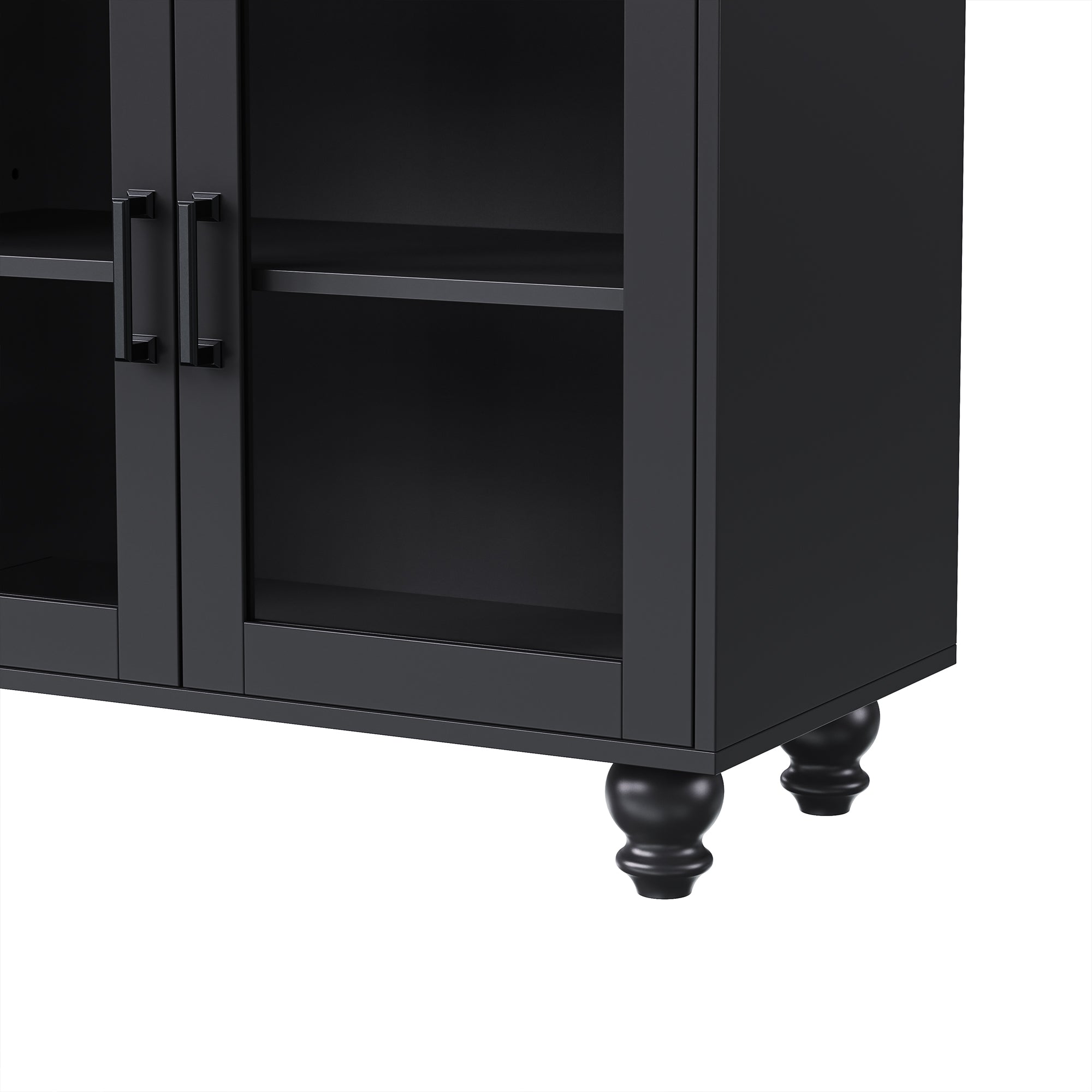 Farmhouse TV Stand with Solid Wood Gourd-Shaped Legs for TVs Up to 70', Entertainment Center with Bookshelves & Tempered Glass Doors, Media Console with Adjustable Shelves, Living Room, Black - Grand Goldman Shop