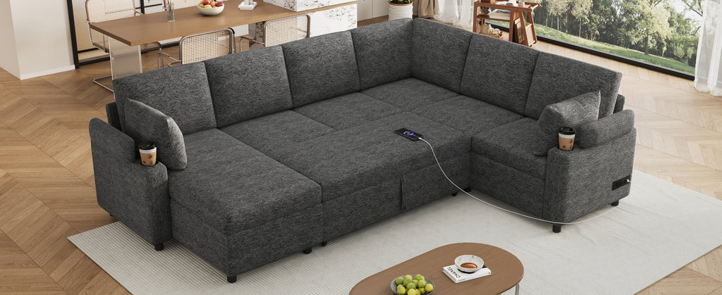 Versatile U-Shaped Sectional Sofa Bed with Storage, Cup Holders, Charging Ports in Grey Chenille - Grand Goldman Shop