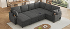 Versatile U-Shaped Sectional Sofa Bed with Storage, Cup Holders, Charging Ports in Grey Chenille - Grand Goldman Shop