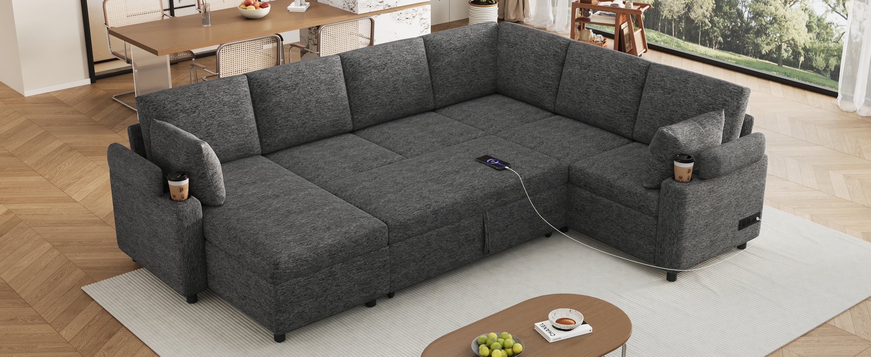 Versatile U-Shaped Sectional Sofa Bed with Storage, Cup Holders, Charging Ports in Grey Chenille - Grand Goldman Shop