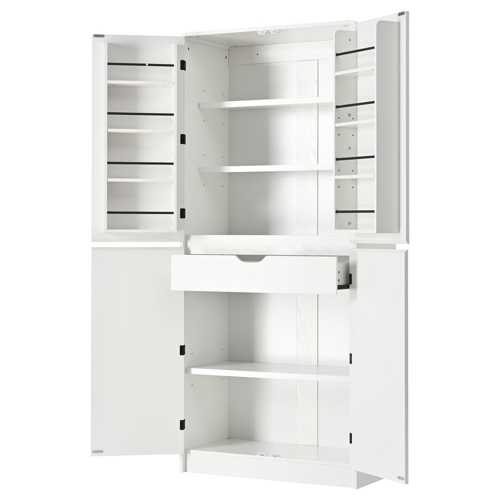 K&K 72' Tall Farmhouse Kitchen Pantry Cabinet with 8 Door Shelves, Curved Design Storage Cabinet with 3 Adjustable Shelves, Hidden Drawer, Versatile Cupboard for Kitchen, Dining & Bathroom, White - Grand Goldman Shop
