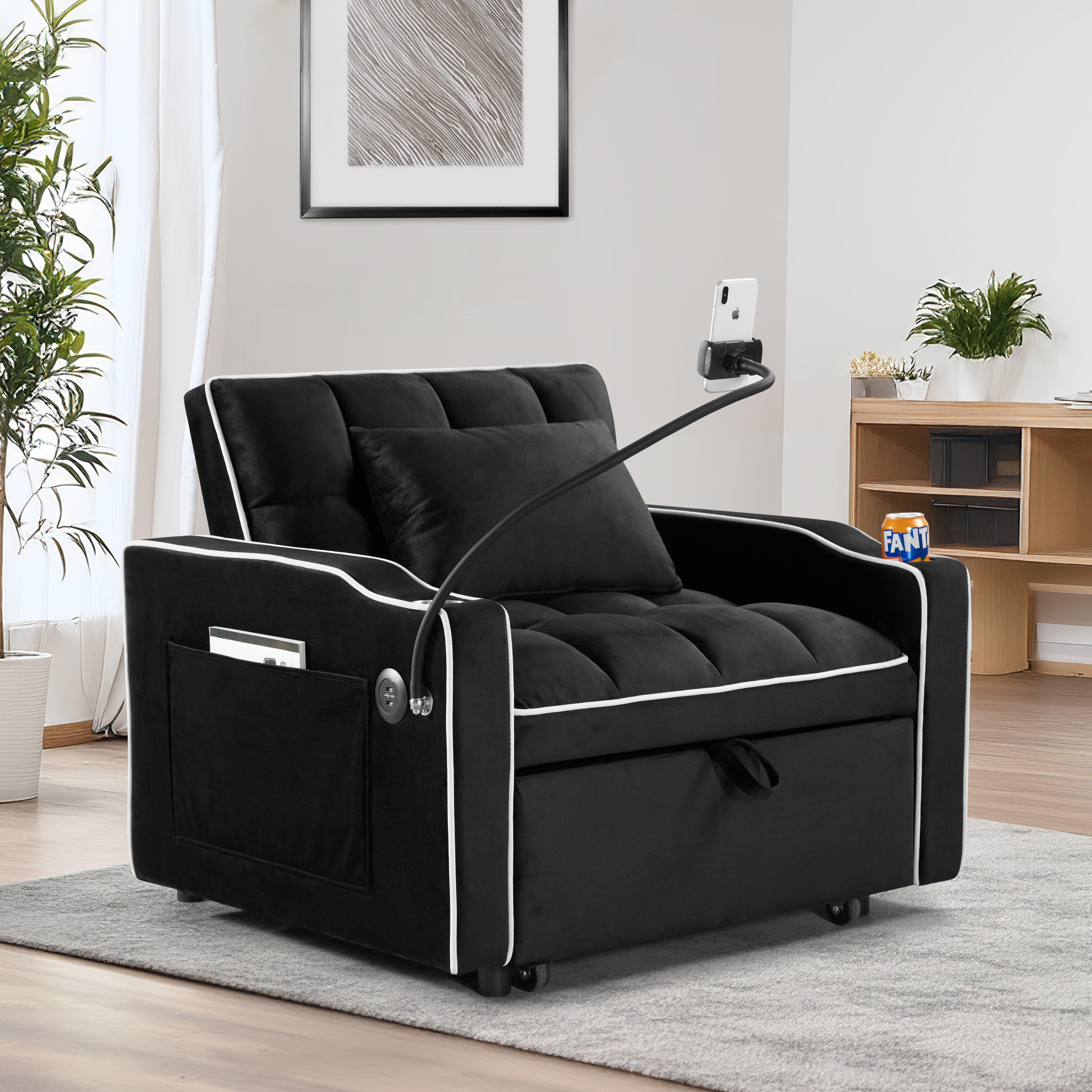 Convertible Sleeper Chair Sofa Bed with Multi-Pockets, Adjustable Pull Out Sofa for Small Spaces, Black Velvet - Grand Goldman Shop