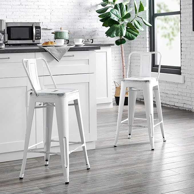 Modern Light Weight Industrial Contemporary Rustic Vintage Costal Metal Barstools with Bucket Back and 4 Leg Design, Seat Bar