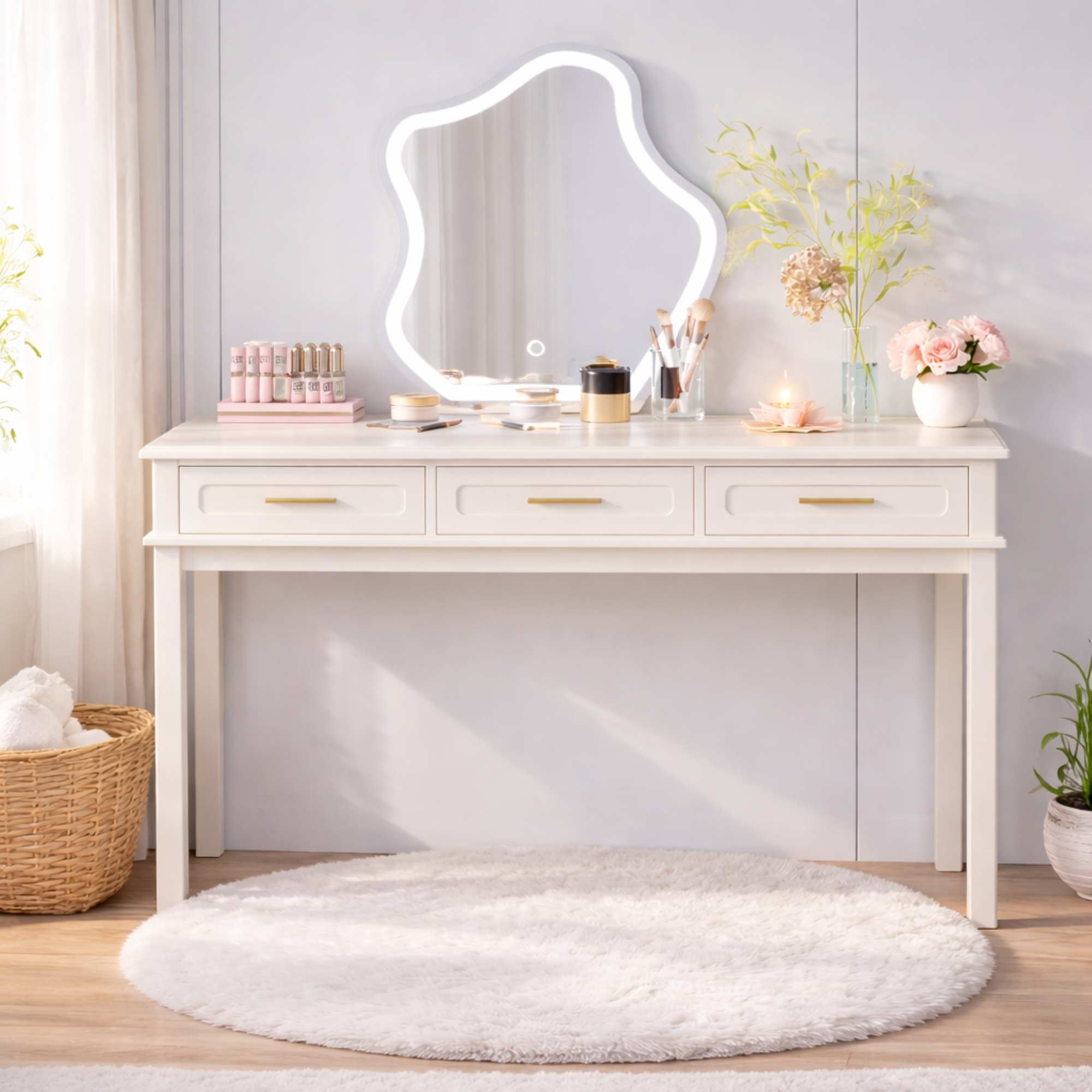 Cream White Vanity Desk with 3 Drawers, Modern Makeup Table or Writing Desk, Multipurpose Dressing Table for Bedroom, No Mirror Included - Grand Goldman Shop