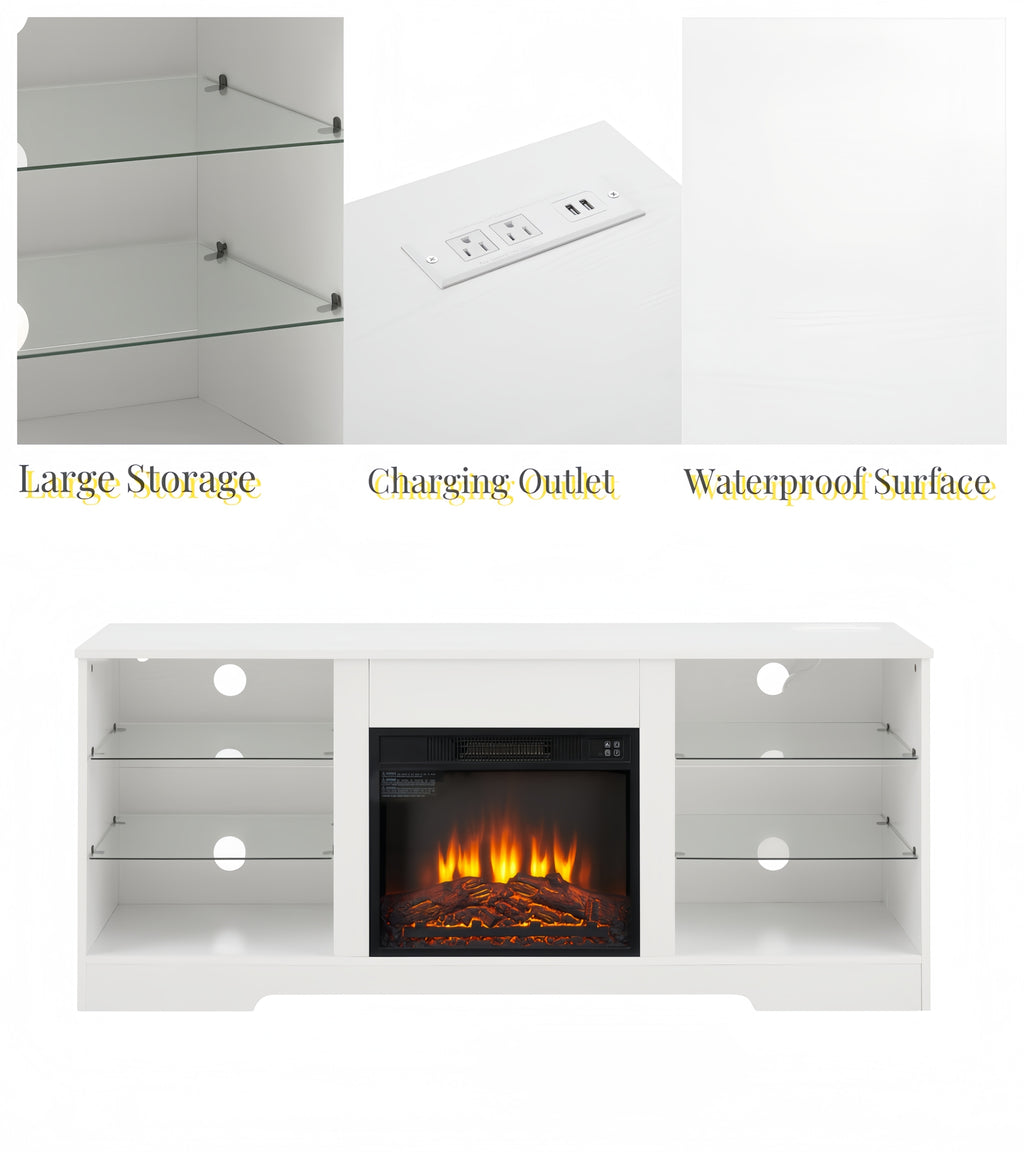 TV Stand Electric Fireplace TV Stand with Glass Shelves, 3D Fireplace TV Stand with LED Lights Wood with USB Charging Outlet Modern Television Table Center for TV up to 32-62' White 58''W*15.4''D*24.6 - Grand Goldman Shop