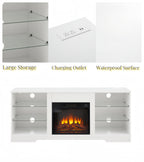 TV Stand Electric Fireplace TV Stand with Glass Shelves, 3D Fireplace TV Stand with LED Lights Wood with USB Charging Outlet Modern Television Table Center for TV up to 32-62' White 58''W*15.4''D*24.6 - Grand Goldman Shop