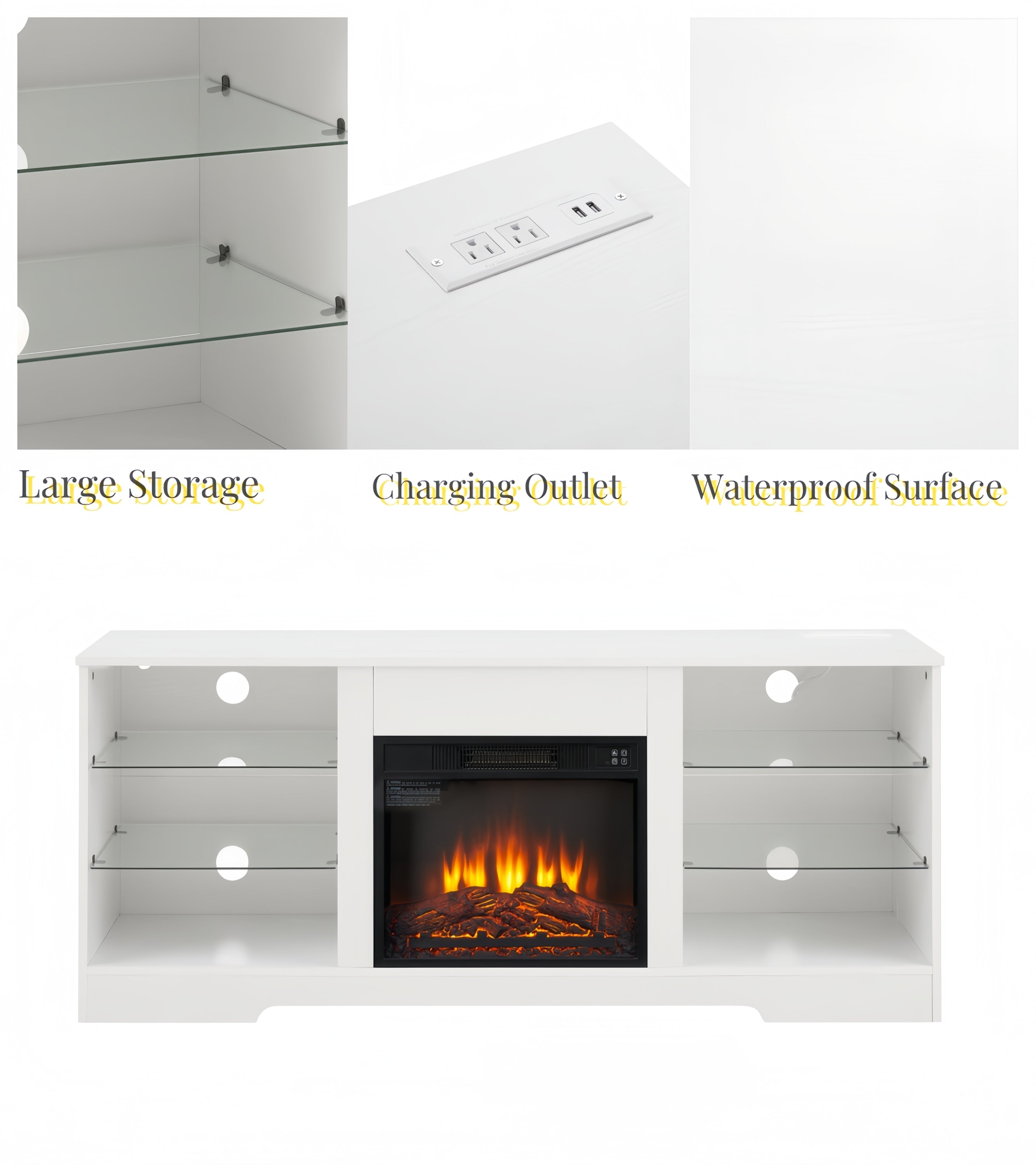 TV Stand Electric Fireplace TV Stand with Glass Shelves, 3D Fireplace TV Stand with LED Lights Wood with USB Charging Outlet Modern Television Table Center for TV up to 32-62' White 58''W*15.4''D*24.6 - Grand Goldman Shop