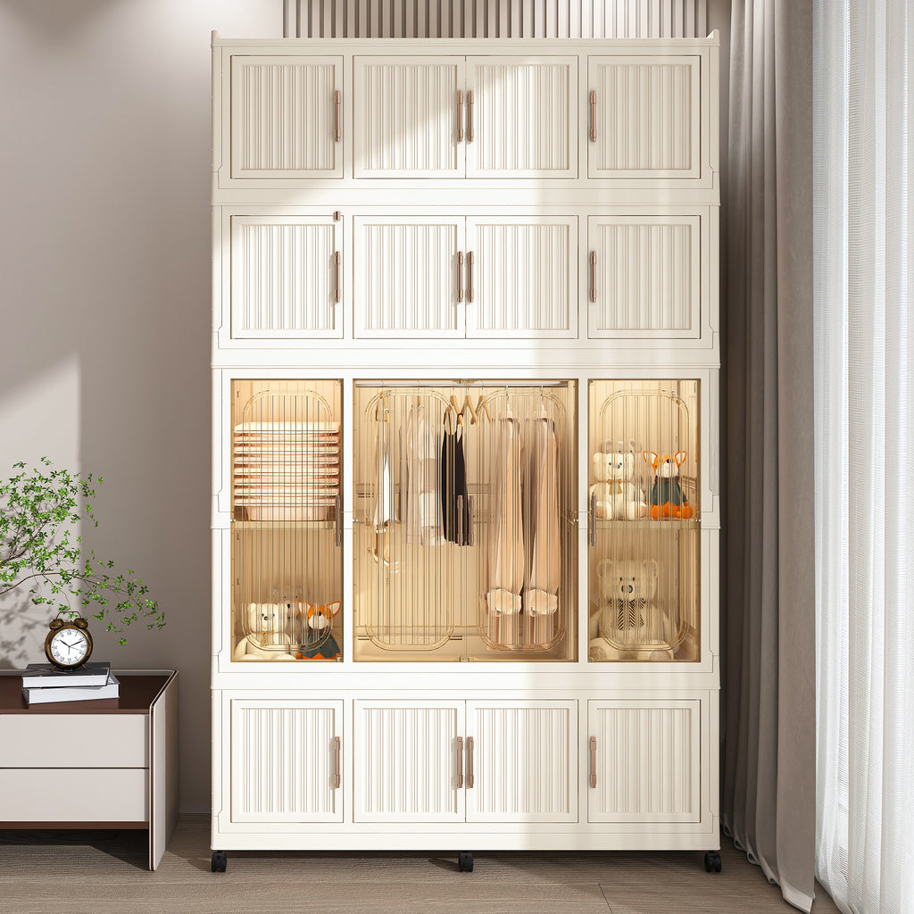Portable Wardrobe Closet Storage Organizer with 17 Magnetic Doors, 17 Cubes, Hanging Rod & 6 Hangers, Creamy White Polypropylene Closet for Clothes, Baby Items, and Household Storage - Grand Goldman Shop