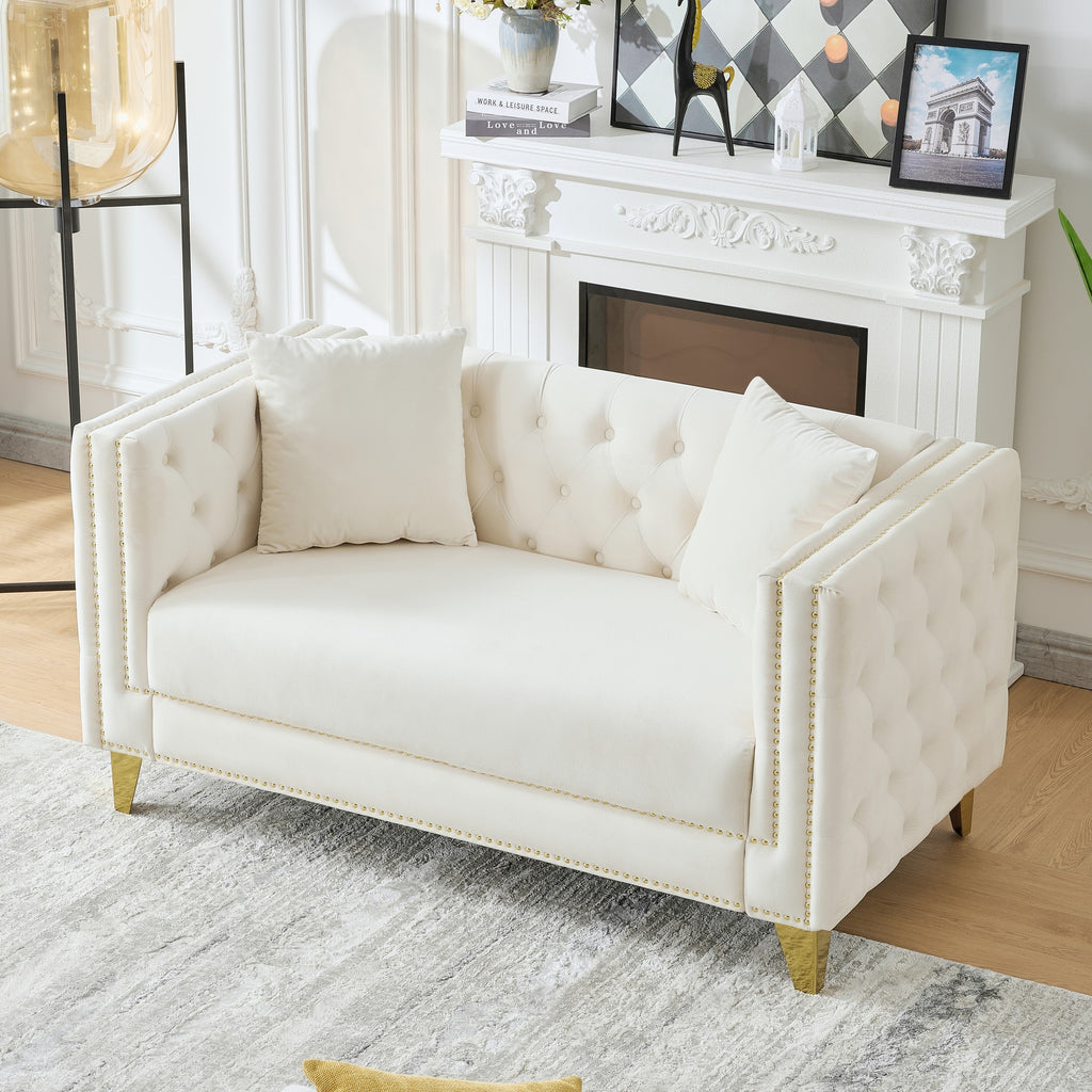 58'Chesterfield Velvet Sofa,2 Seater Deep Seat Sofa,Modern Sofa with Button Nailhead,Square Arm Couches,Furniture for Living Room,Bedroom,Office(Beige) - Grand Goldman Shop