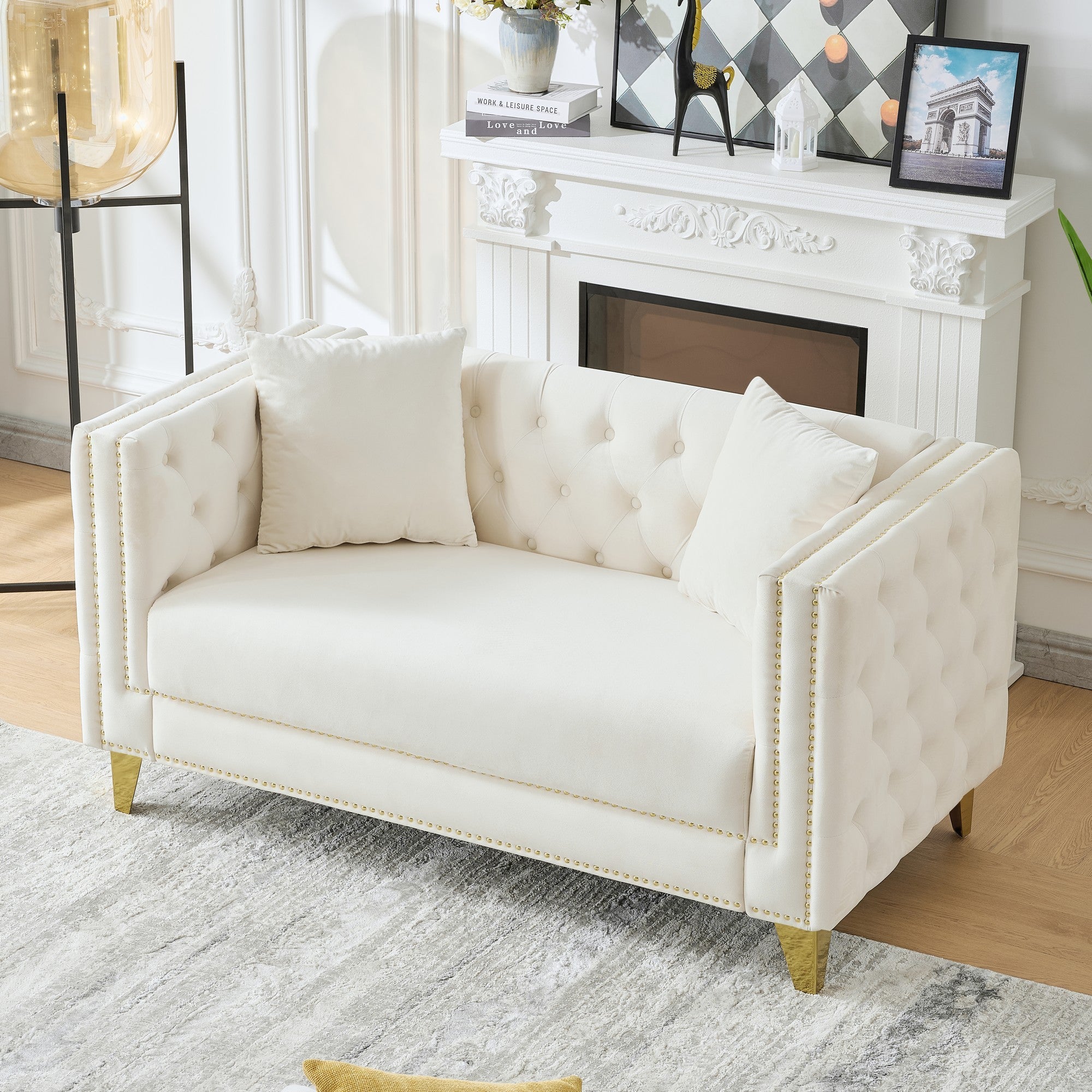 58'Chesterfield Velvet Sofa,2 Seater Deep Seat Sofa,Modern Sofa with Button Nailhead,Square Arm Couches,Furniture for Living Room,Bedroom,Office(Beige) - Grand Goldman Shop