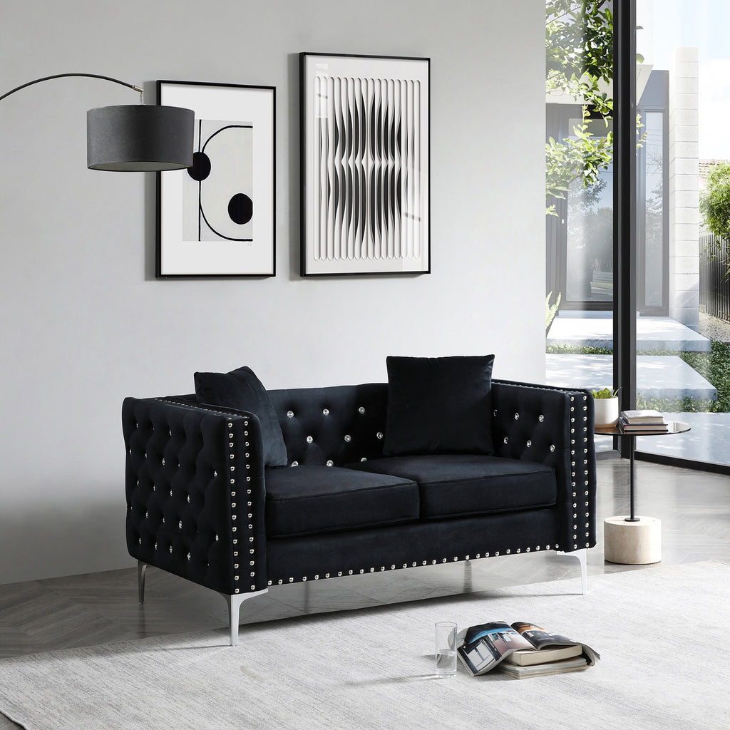 59.4 Inch Wide Black Velvet Sofa with Jeweled buttons,Square Arm ,2 Pillows - Grand Goldman Shop