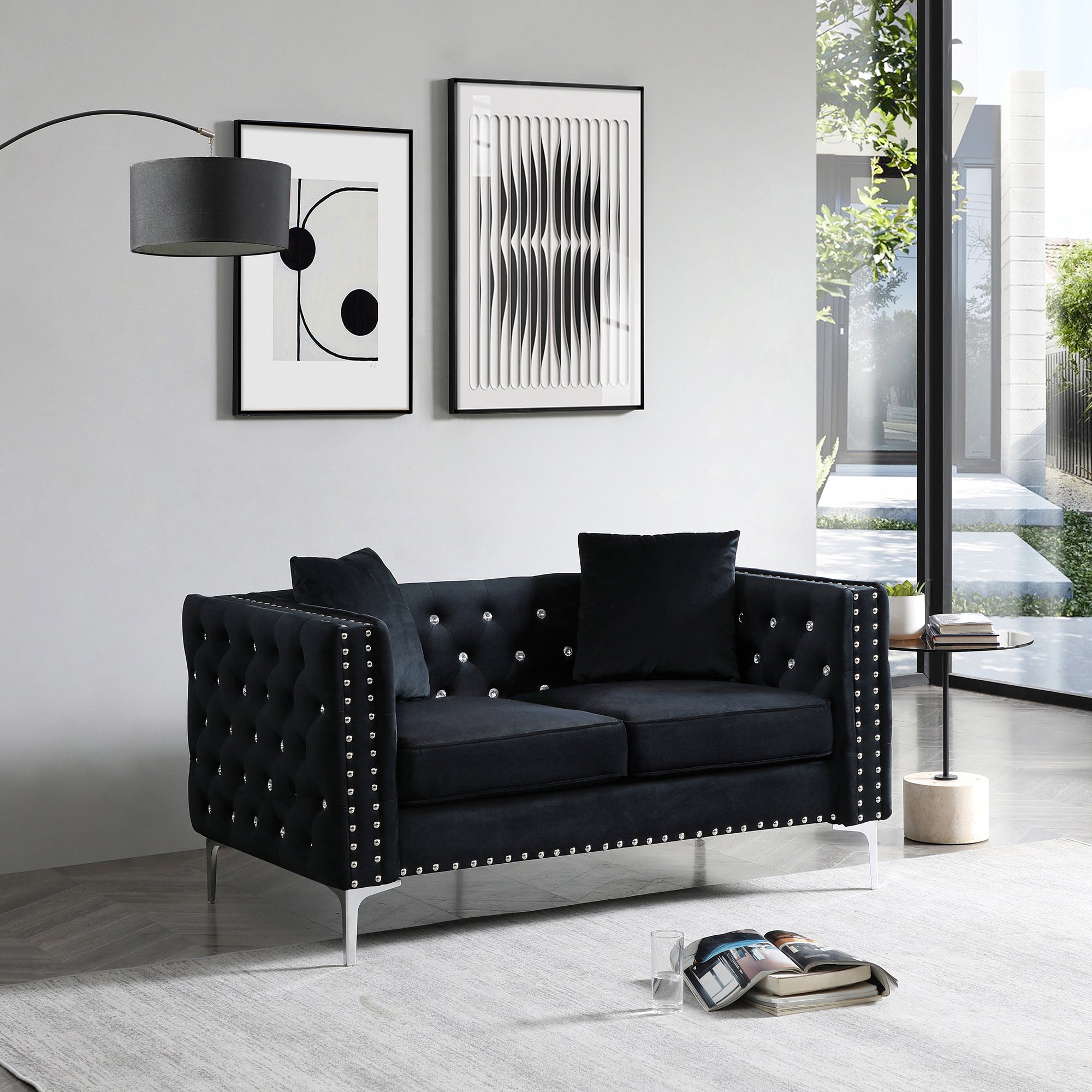 59.4 Inch Wide Black Velvet Sofa with Jeweled buttons,Square Arm ,2 Pillows - Grand Goldman Shop