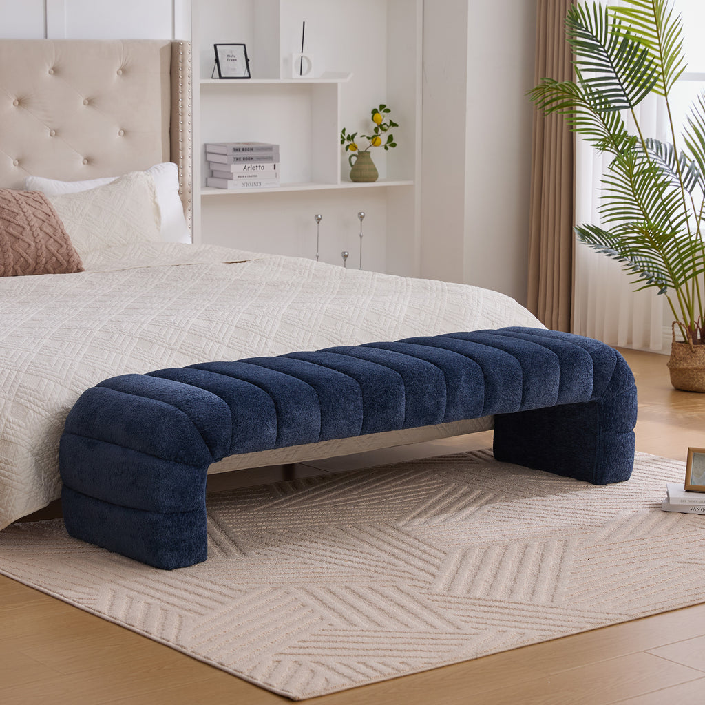 Modern Upholstered Armless Bed Bench, Channel Tufted Couch Daybed Chaise, Navy Chenille Ottoman Foot Stool, 69.7' Wide - Grand Goldman Shop