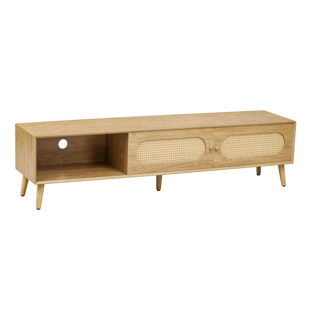 Boho TV Stand for TVs up to 80'', Modern Farmhouse Media Console with Solid Wood Legs, Natural Wood Finish, MDF Cabinet, 70.8''L x 15.7''W x 17.7''H - Grand Goldman Shop