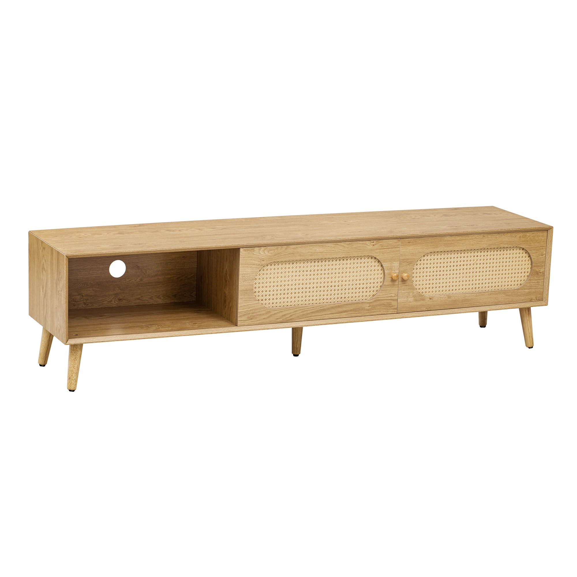 Boho TV Stand for TVs up to 80'', Modern Farmhouse Media Console with Solid Wood Legs, Natural Wood Finish, MDF Cabinet, 70.8''L x 15.7''W x 17.7''H - Grand Goldman Shop