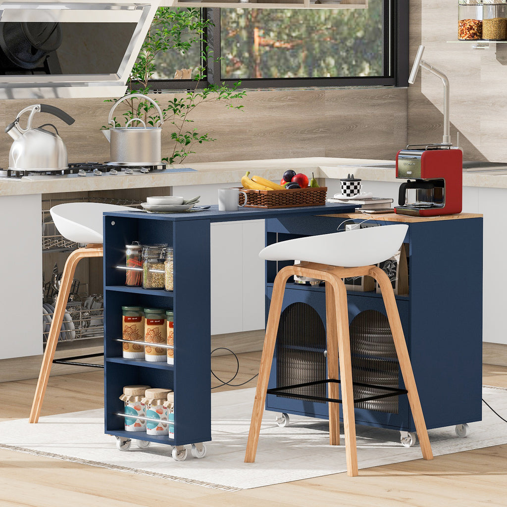 K&K Rolling Kitchen Island With Extended Table, Kitchen Island on Wheels with LED Lights,Power Outlets and 2 Fluted Glass Doors, Kitchen Island with a Storage Compartment and Side 3 Open Shelves, Navy - Grand Goldman Shop