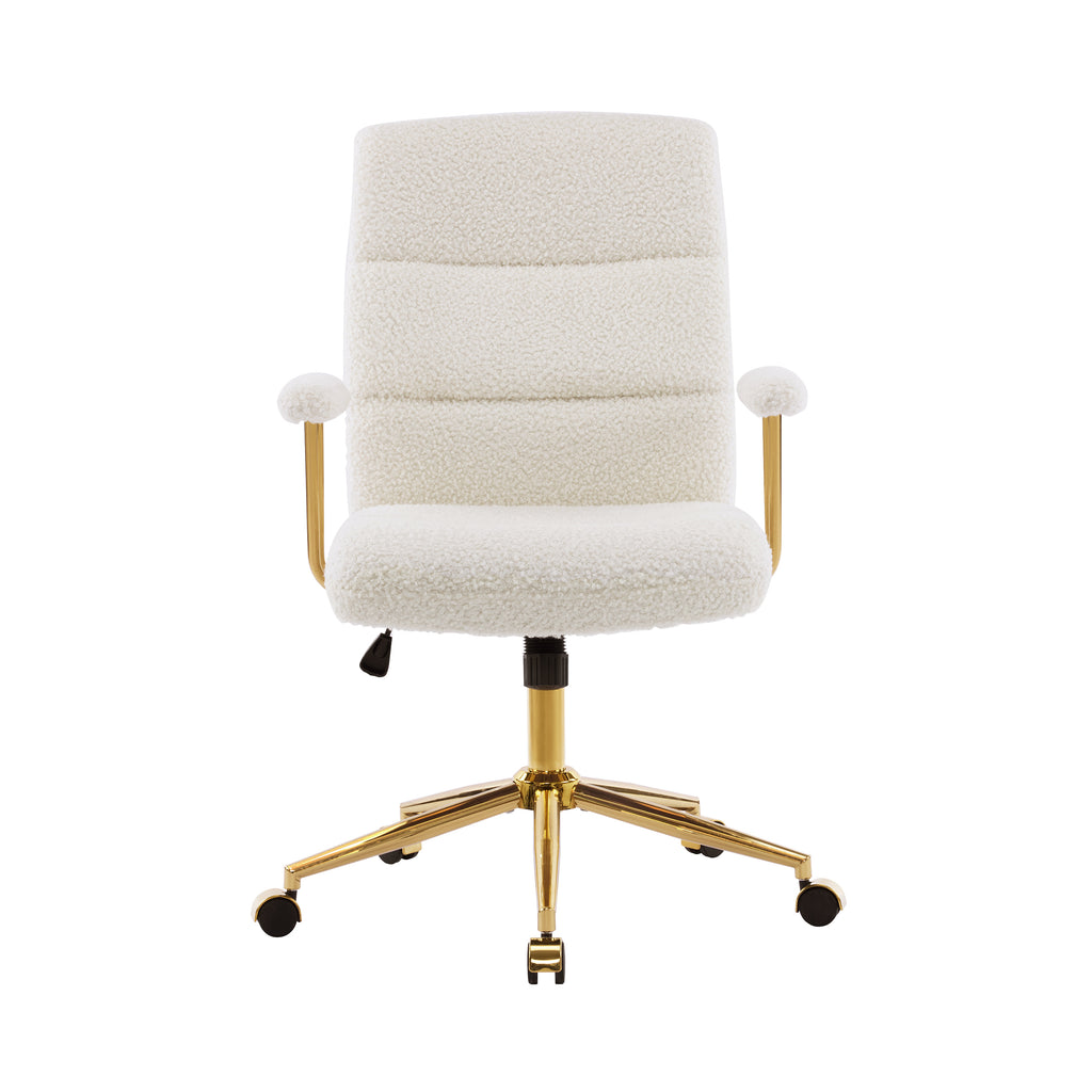 Textured Boucle Fabric White and Gold Office Chair, Modern Height Adjustable Desk Chair with Padded Arms | Premium Home Decor