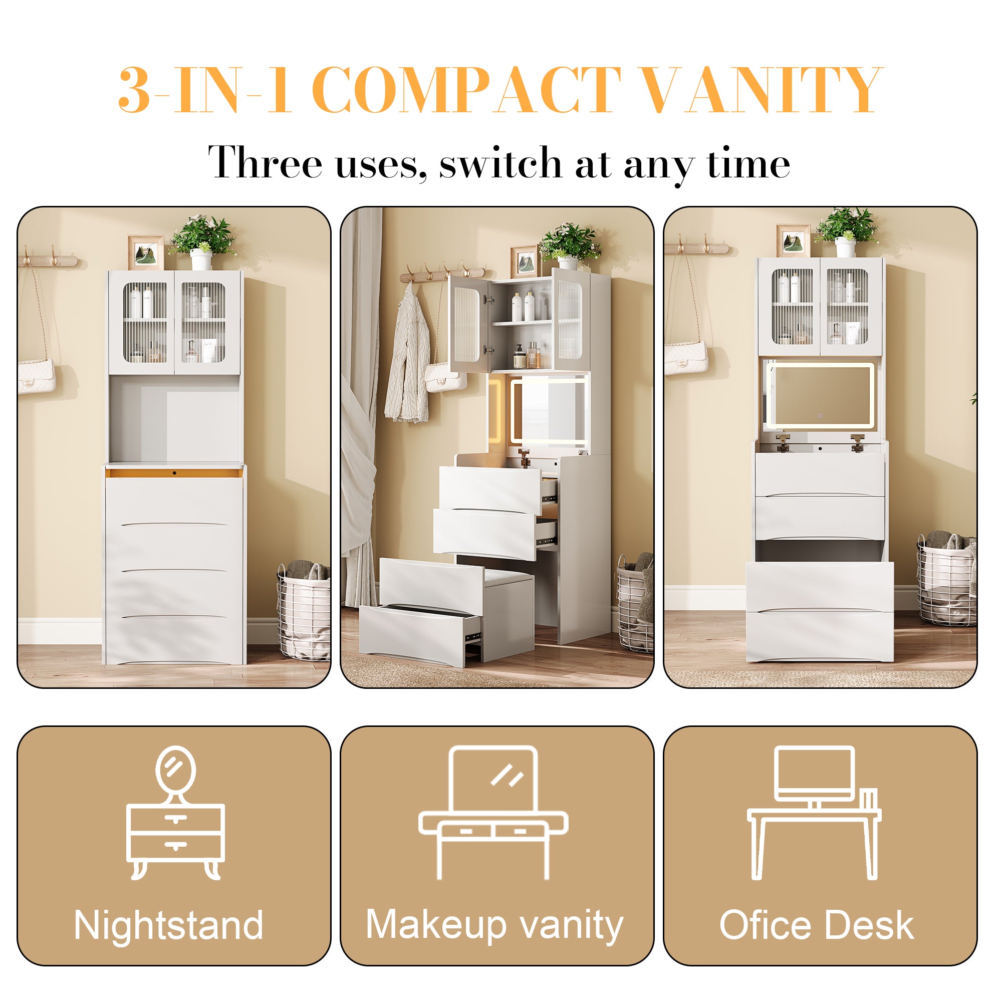 3-in-1 Vanity Table with LED Mirror & Storage Stool, Flip Top Makeup Dressing Table with Adjustable Lights, 5 Storage Spaces Cosmetic Organizer for Bedroom - Grand Goldman Shop
