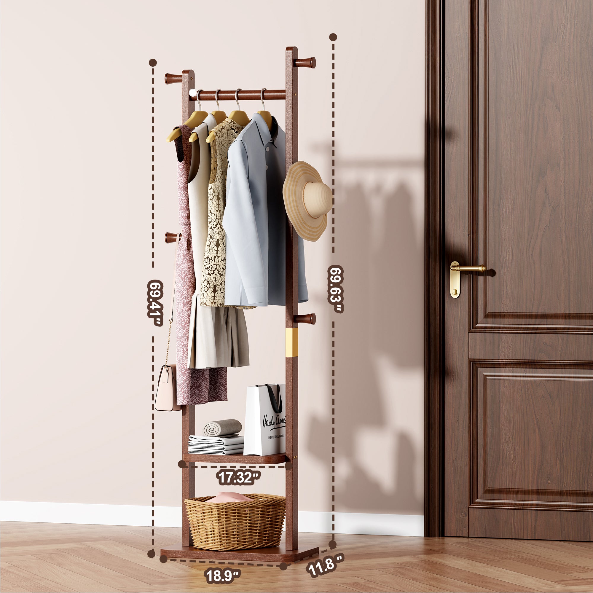 Coat Racks solid wood hanger 23.6* 11*70.8in Solid environmental protection easy to assemble beautiful can be placed in the bedroom/entrance/living room (Walnut) - Grand Goldman Shop
