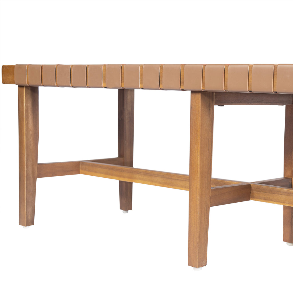 Stylish Acacia Wood Bedroom Bench with Woven PU Leather Seat in Warm Teak Tone, Natural Finish - Grand Goldman Shop