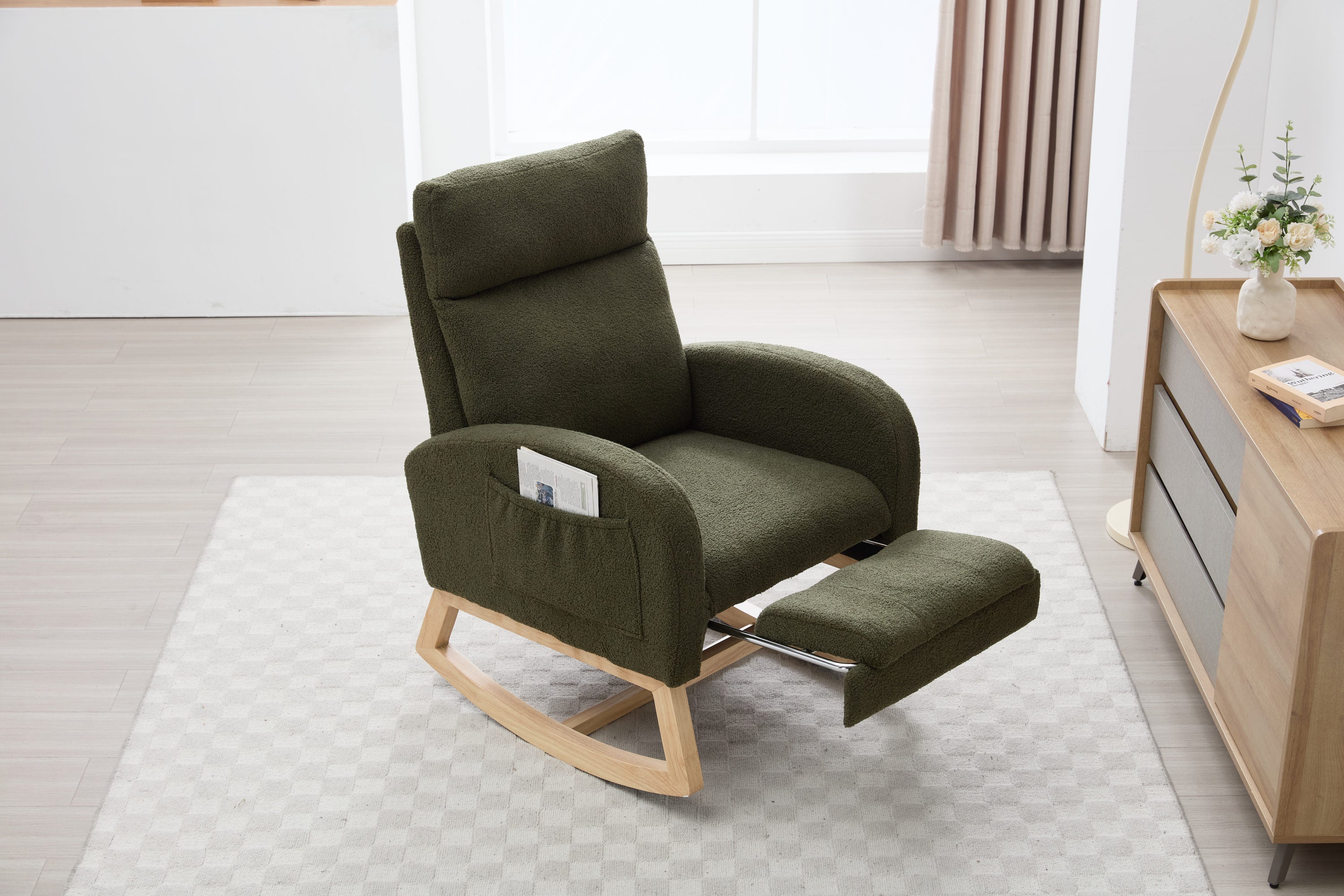 015B-Teddy Fabric Leisure Rocking Chair,Nursery Rocking Chair With Adjustable Footstool,Thickened Headrest And High Backrest, Storage Pocket On The Right Side,The Base Rocker Is Solid Wood,Green - Grand Goldman Shop