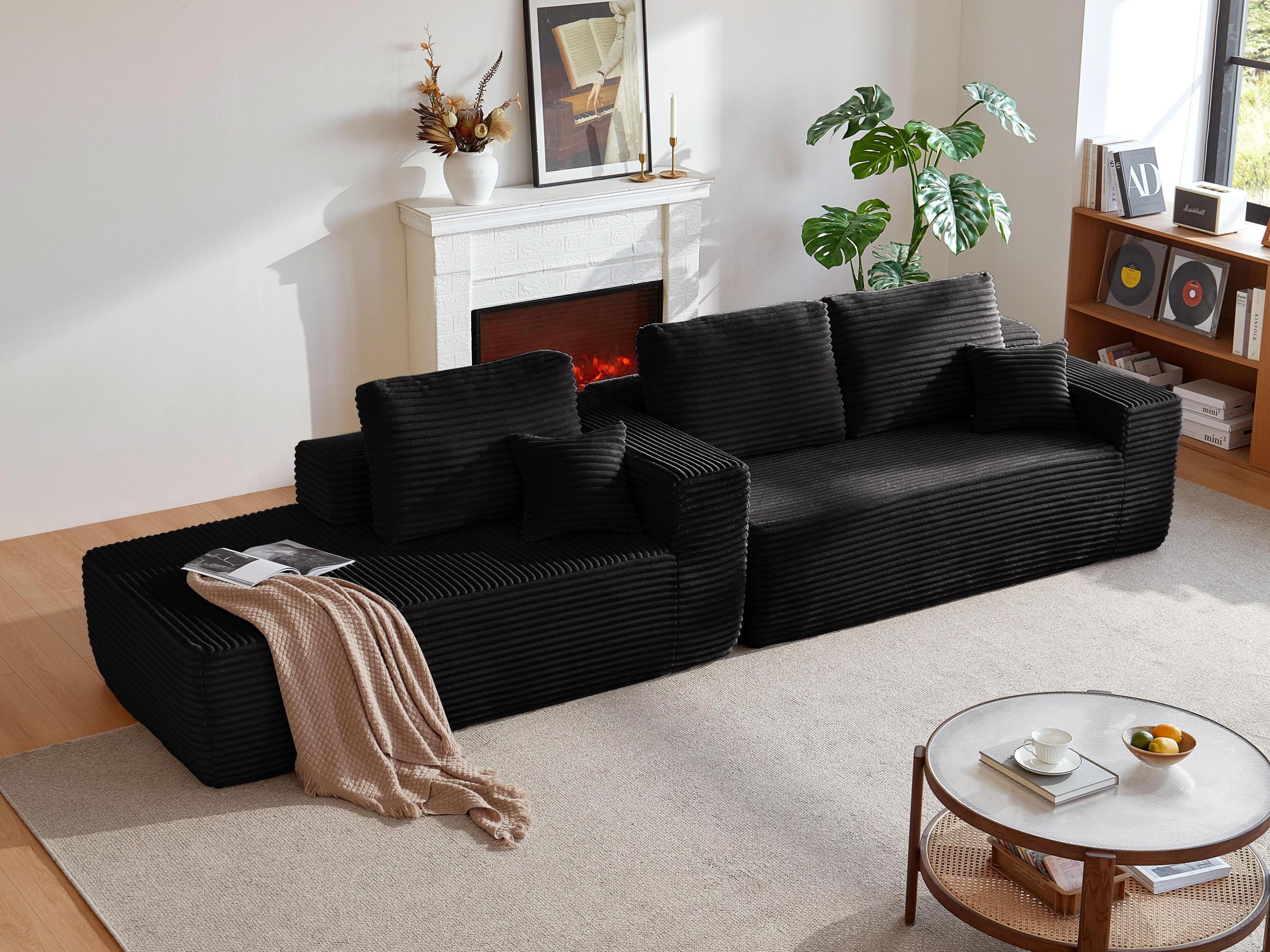 104' Cloud Sectional Sofa with L-Shape Chaise and Side Pockets , Modern Modular Design, Deep Seating, Upholstered Couch for Living Room/Bedroom, No Assembly Required (Plush Fabric), Black, Left-facing - Grand Goldman Shop