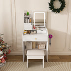 Pink LED Vanity Mirror with Stool, 2 Drawers & 5 Storage Cabinets, Adjustable Lighting, White MDF Dressing Table for Bedroom - Grand Goldman Shop