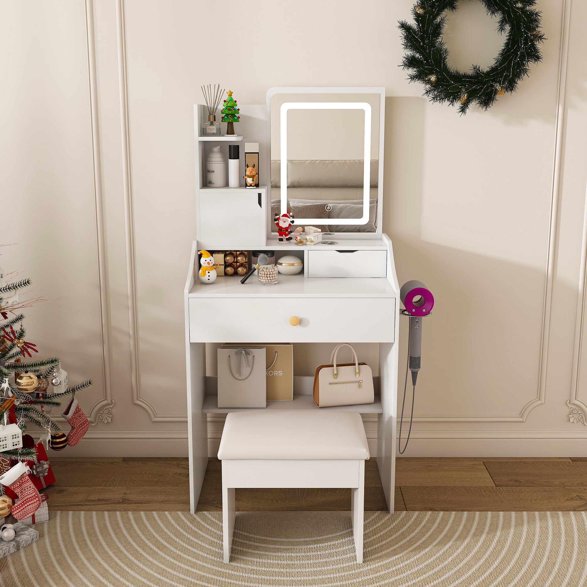 Pink LED Vanity Mirror with Stool, 2 Drawers & 5 Storage Cabinets, Adjustable Lighting, White MDF Dressing Table for Bedroom - Grand Goldman Shop