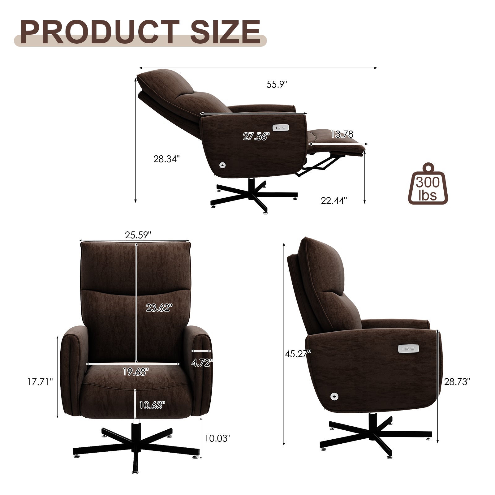 Power Swivel Recliner Chair, Electric Reclining with USB & Type-C Charging, 360° Swivel Velvet Upholstered Accent Chair, for 