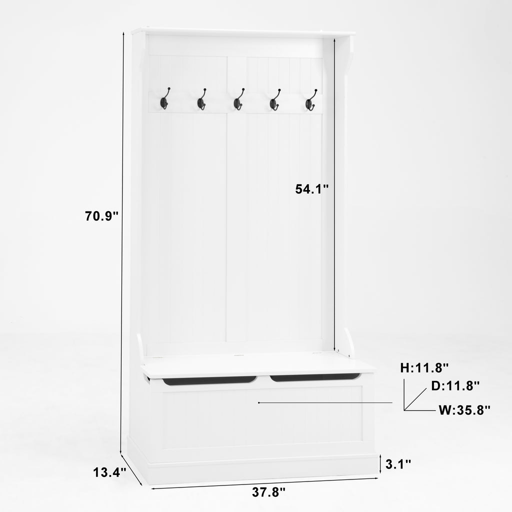 Entryway Bench with Standing Coat Rack, Hall Tree with Shoe Storage Bench, Entryway Organizer with 5 Hooks, White - Grand Goldman Shop