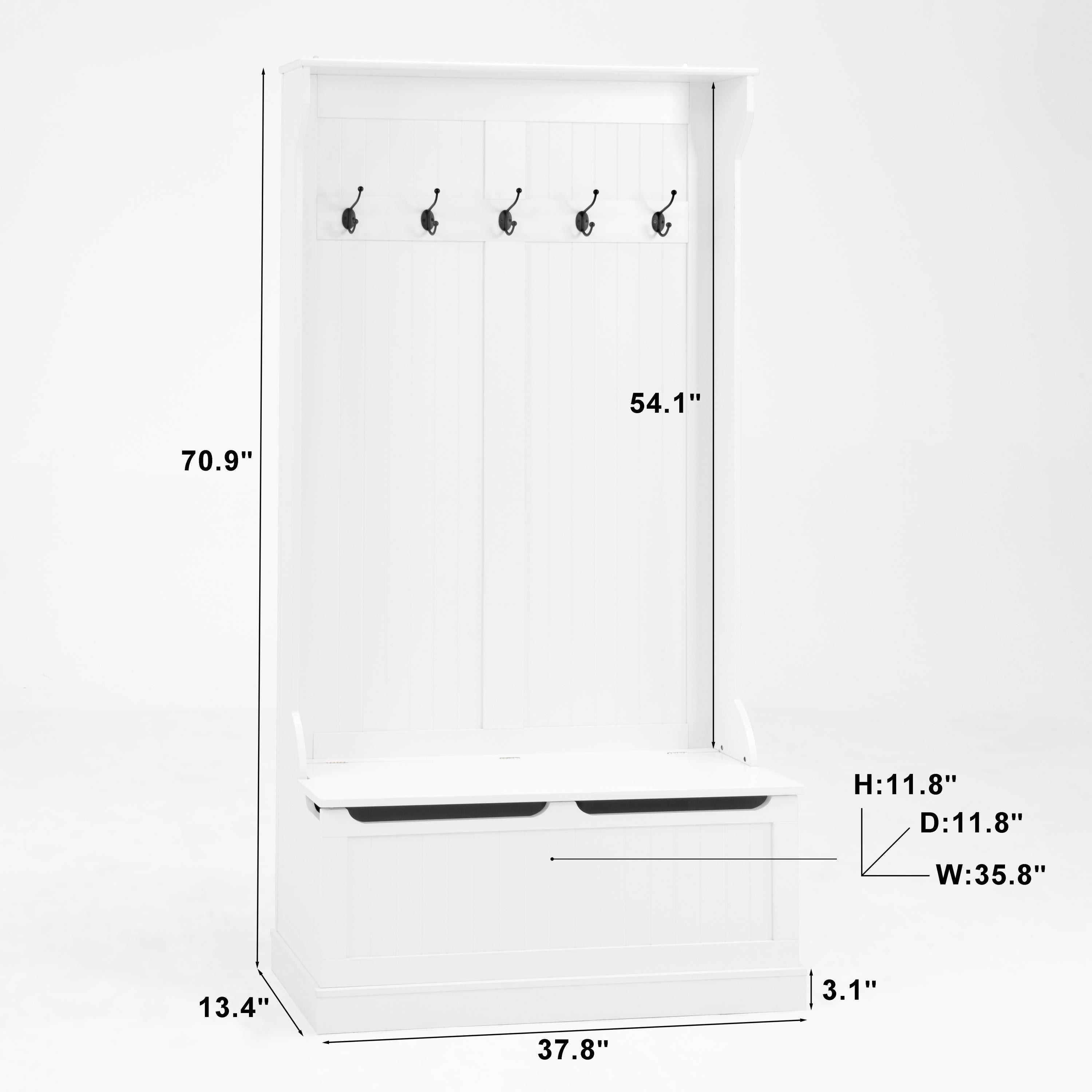 Entryway Bench with Standing Coat Rack, Hall Tree with Shoe Storage Bench, Entryway Organizer with 5 Hooks, White - Grand Goldman Shop