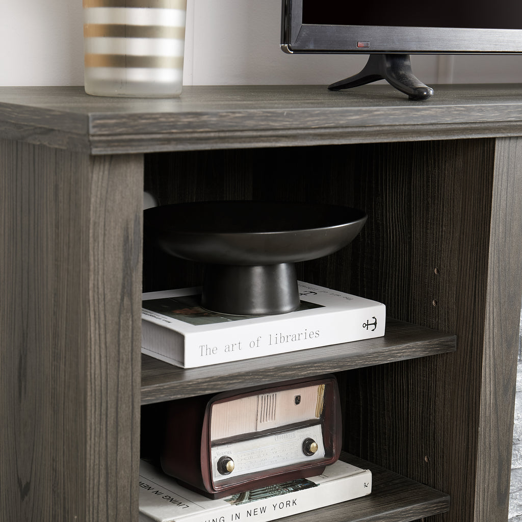 Large TV Stand TV Desk Storage Rack with Faux Stacked Stone Surround,Media Console Table with Large Storage Cabinet,Modern TV Media Entertaionment Stand,GREY, 70.12'W*15.35'D*25.83'H - Grand Goldman Shop
