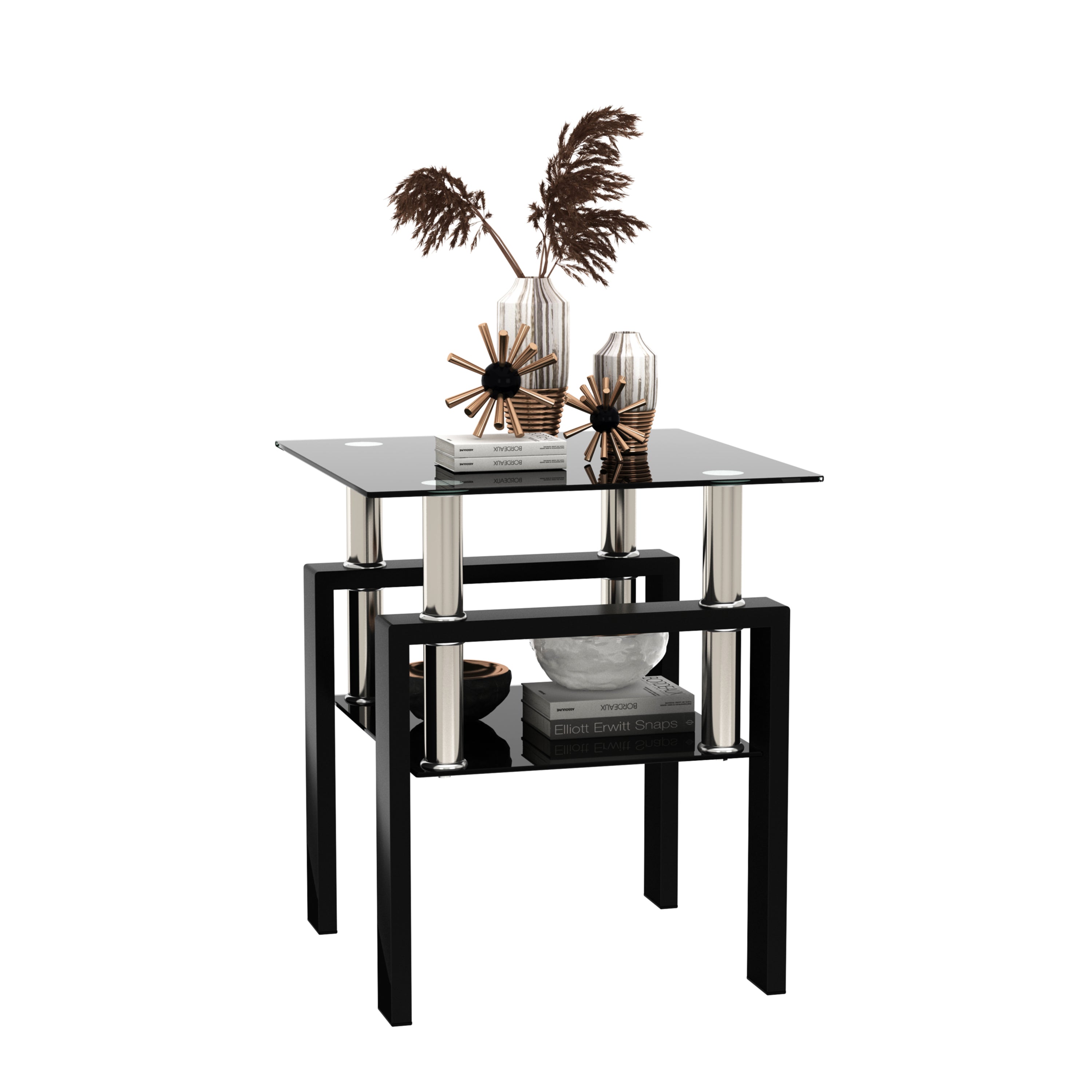 Modern Tempered Glass Tea Table Coffee Table End Table, Black, Square, 1-Piece for Living Room - Grand Goldman Shop