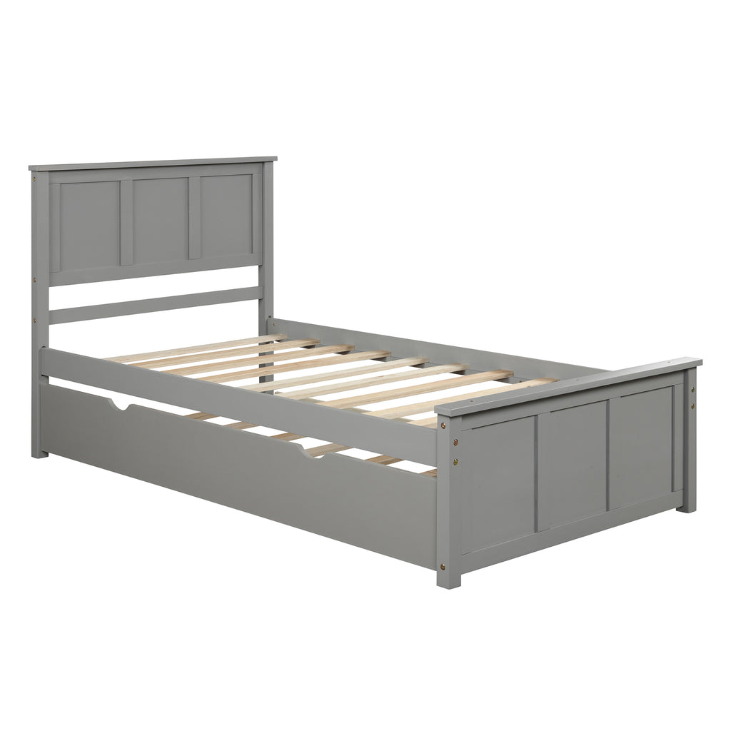 Gray Platform Bed with Twin Trundle and Frame, Solid Wood and MDF Construction, Twin Size - Grand Goldman Shop
