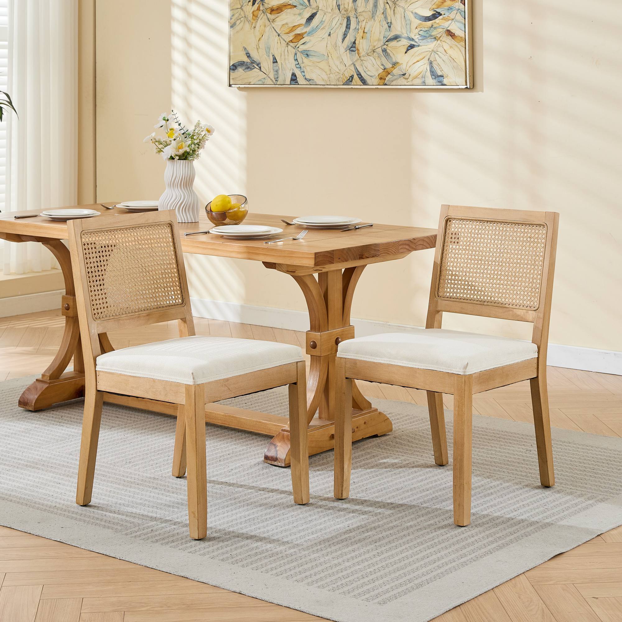 Farmhouse Rattan Dining Chairs Set of 2, Mid Century Modern Kitchen & Dining Room Chairs, Cane Upholstered Kitchen Side Chair with Natural Hardwood Frame, Beige - Grand Goldman Shop
