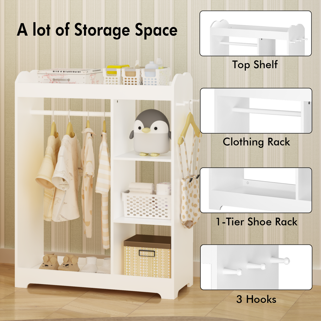 Kids Dress Up Storage with Mirror and Hooks, Wooden Dress Up Clothes Rack with Hanging Rod, 3 Side Hooks, Storage Shelves and
