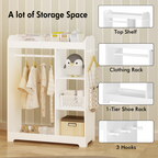 Kids Dress Up Storage with Mirror and Hooks, Wooden Dress Up Clothes Rack with Hanging Rod, 3 Side Hooks, Storage Shelves and