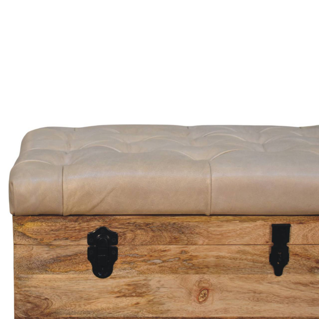 Solid Wood  Buffalo Hide Leather Upholstered Storage Trunk, Beige and Brown - Grand Goldman Shop